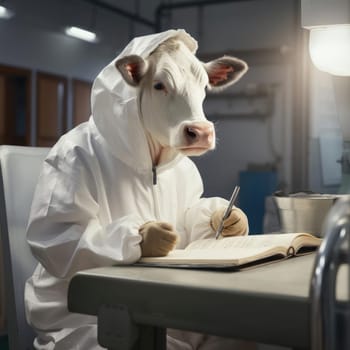 A cow in a white coat works on a modern dairy farm. Promotional poster for a milk producer