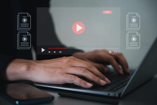 Person watching online tutorials on laptop screen, live streaming internet media player. Online education concept. Learning from digital content is a smart investment. OTT concept
