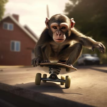 A monkey rides a skateboard through the city. Youth culture