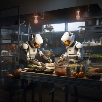 Two robots prepare food in the kitchen in a restaurant. The concept of new technologies in the kitchen