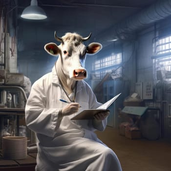 A cow in a white coat works on a modern dairy farm. Promotional poster for a milk producer