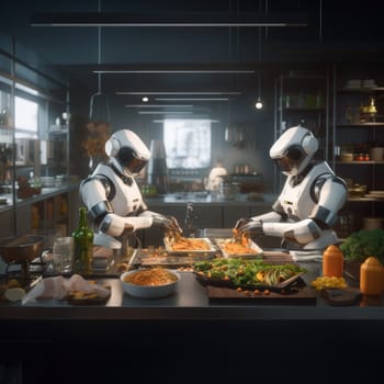 Two robots prepare food in the kitchen in a restaurant. The concept of new technologies in the kitchen