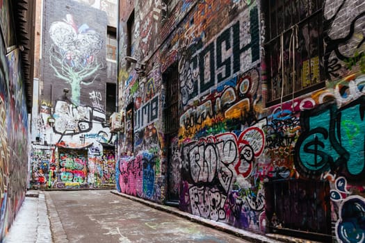 MELBOURNE, AUSTRALIA - June 25 2023: Melbourne's famous Hosier Lane featuring graffiti artwork and grunge urban feel