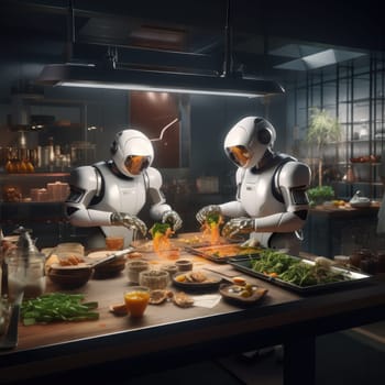 Two robots prepare food in the kitchen in a restaurant. The concept of new technologies in the kitchen