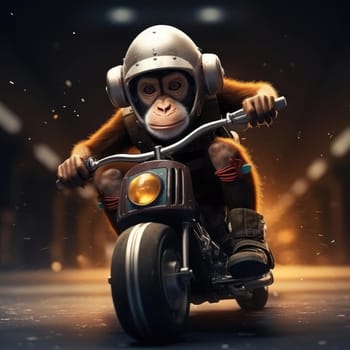 A monkey rides a motorcycle. The concept of riding a motorcycle