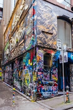 MELBOURNE, AUSTRALIA - June 25 2023: Melbourne's famous Hosier Lane featuring graffiti artwork and grunge urban feel