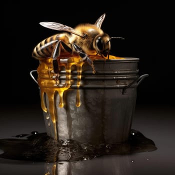 Bees and a bucket of honey. Poster for honey advertising