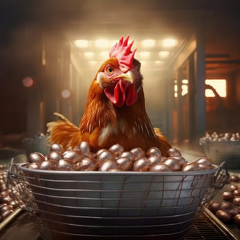 Chicken and a basket of eggs. Poster for advertising a chicken farm