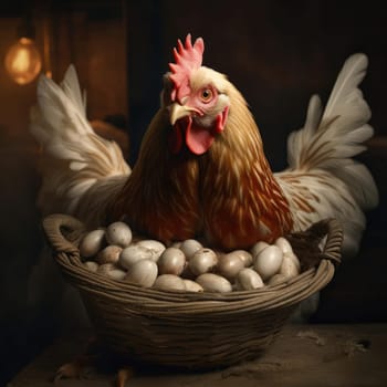 Chicken and a basket of eggs. Poster for advertising a chicken farm