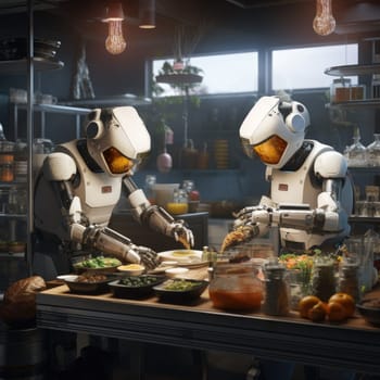 Two robots prepare food in the kitchen in a restaurant. The concept of new technologies in the kitchen