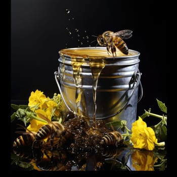 Bees and a bucket of honey. Poster for honey advertising