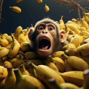 Surprised monkey in a big pile of bananas