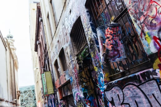 MELBOURNE, AUSTRALIA - June 25 2023: Melbourne's famous Hosier Lane featuring graffiti artwork and grunge urban feel