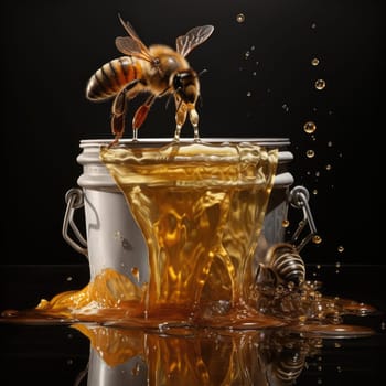 Bees and a bucket of honey. Poster for honey advertising