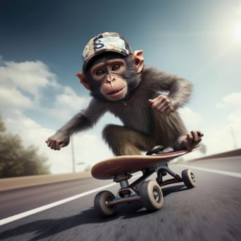 A monkey rides a skateboard through the city. Youth culture