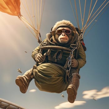 A monkey flies by parachute. The concept of extreme types of recreation