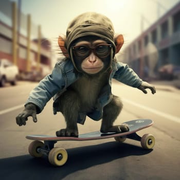 A monkey rides a skateboard through the city. Youth culture