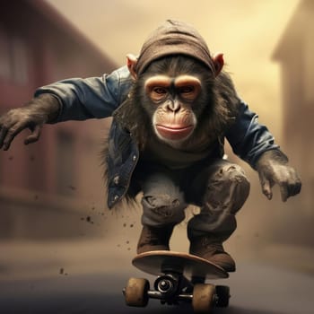 A monkey rides a skateboard through the city. Youth culture