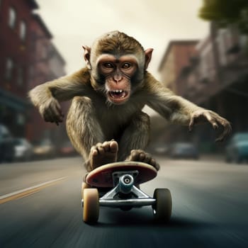 A monkey rides a skateboard through the city. Youth culture