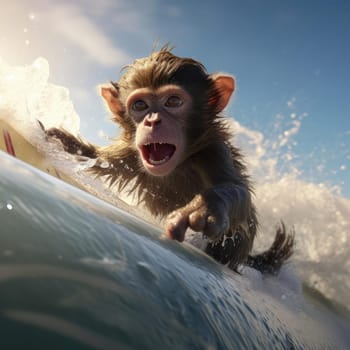 A monkey swims on a wave on a surfboard. Leisure concept