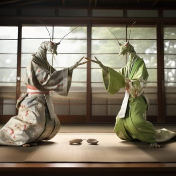 Two praying mantis fight on the tatami. Advertising of the martial arts school