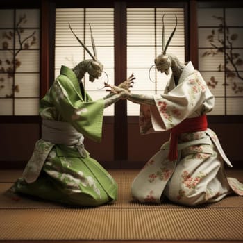 Two praying mantis fight on the tatami. Advertising of the martial arts school