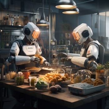 Two robots prepare food in the kitchen in a restaurant. The concept of new technologies in the kitchen