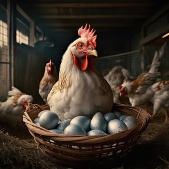 Chicken and a basket of eggs. Poster for advertising a chicken farm