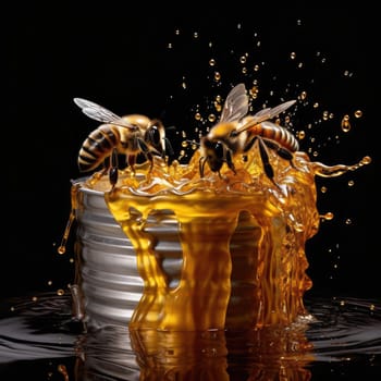 Bees and a bucket of honey. Poster for honey advertising