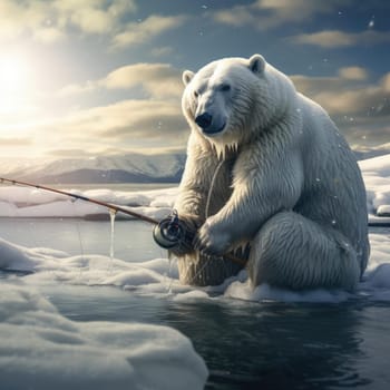 Polar bear fishing with a fishing rod. Poster for advertising a fish processing plant