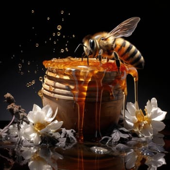 Bees and a bucket of honey. Poster for honey advertising