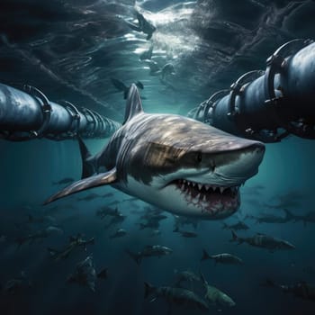 Shark swims between metal pipelines