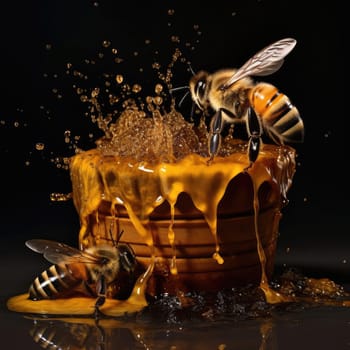 Bees and a bucket of honey. Poster for honey advertising