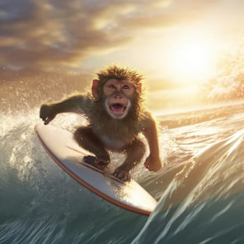 A monkey swims on a wave on a surfboard. Leisure concept