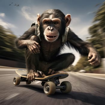 A monkey rides a skateboard through the city. Youth culture