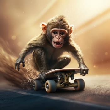 A monkey rides a skateboard through the city. Youth culture