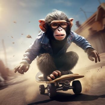 A monkey rides a skateboard through the city. Youth culture