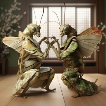 Two praying mantis fight on the tatami. Advertising of the martial arts school