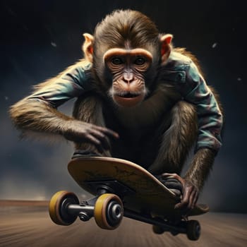 A monkey rides a skateboard through the city. Youth culture