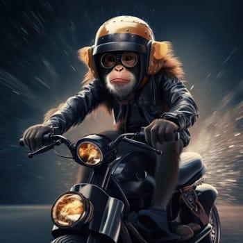 A monkey rides a motorcycle. The concept of riding a motorcycle