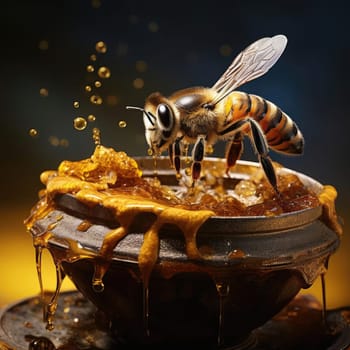 Bees and a bucket of honey. Poster for honey advertising