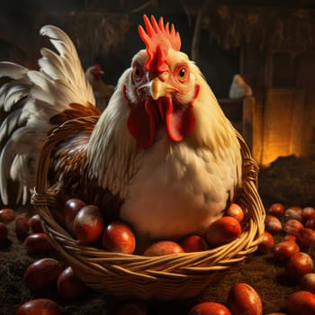 Chicken and a basket of eggs. Poster for advertising a chicken farm