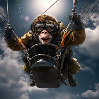 A monkey flies by parachute. The concept of extreme types of recreation
