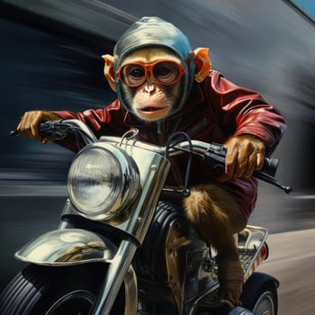 A monkey rides a motorcycle. The concept of riding a motorcycle