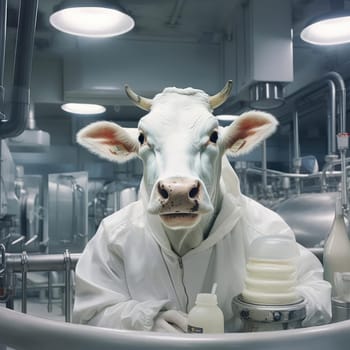 A cow in a white coat works on a modern dairy farm. Promotional poster for a milk producer