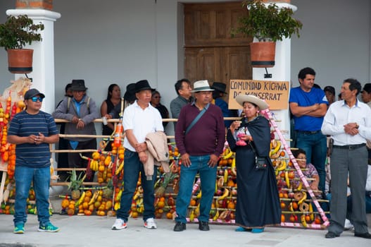Otavalo, Ecuador - 24 de junio de 2023: fruit offering at inti raymi in otavalo square. High quality photo