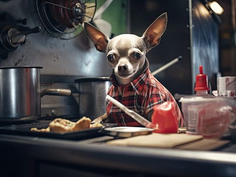 Chihuahua god in a flannel shirt preparing cooking making tacos in a food truck. Generative AI.