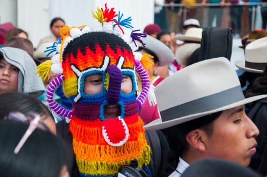 Otavalo, Ecuador - 24 de junio de 2023: indigenous woman from oatavalo disguised as aya huma in the inti raymi. High quality photo