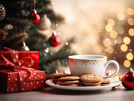 Closeup professional color grading photography of Christmas cookies, cup of coffee, and gift boxes with blurred Christmas tree in the background. Generative AI.