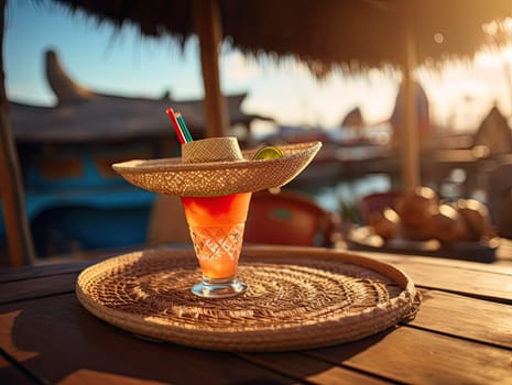 Aperol spritz cocktail served with straw sombrero hat in a beach bar with blurred hotel in the background. Generative AI.